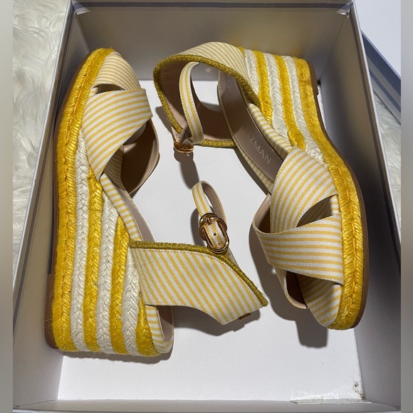 Brand new! Stuart Weitzman Mirela Striped Wedge Espadrille YellowWhite Size 39 9